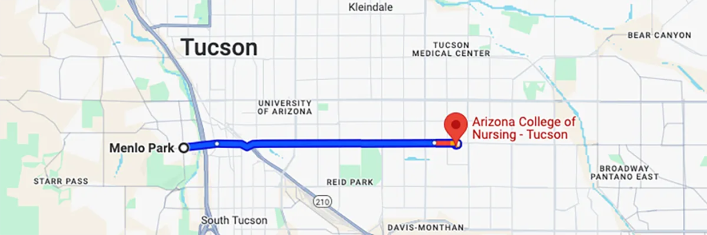 Nursing degree campus directions from Menlo Park to Arizona College of Nursing - Tucson