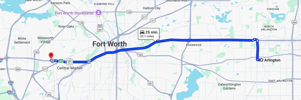 Driving directions from Arlington Texas to Arizona College of Nursing in Fort Worth Texas.