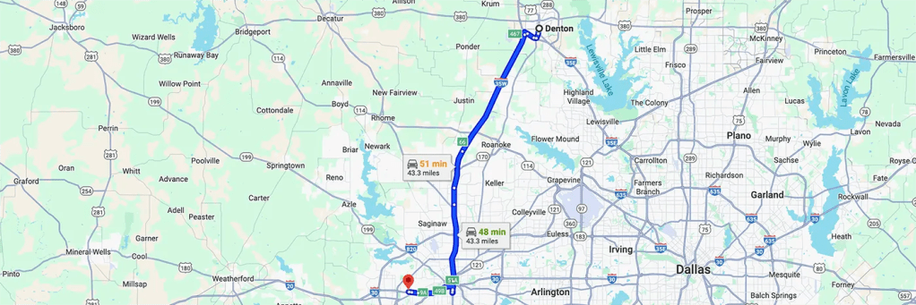 Driving directions from Denton Texas to Arizona College of Nursing in Fort Worth Texas.
