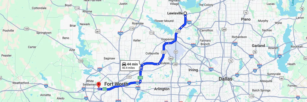 Driving directions from Lewisville Texas to Arizona College of Nursing in Fort Worth Texas.