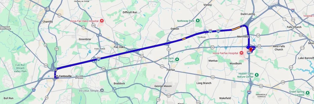 Map Directions from Centreville VA to AZCN Falls Church