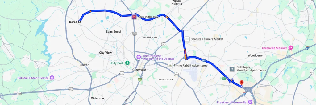 Driving directions from Berea to AZCN nursing school in South Carolina