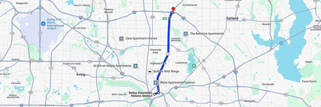 Driving Distance From Downtown Dallas To AZCN a nursing program in Texas