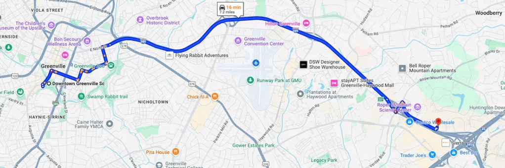 Driving directions from Downtown Greenville to AZCN nursing school in South Carolina