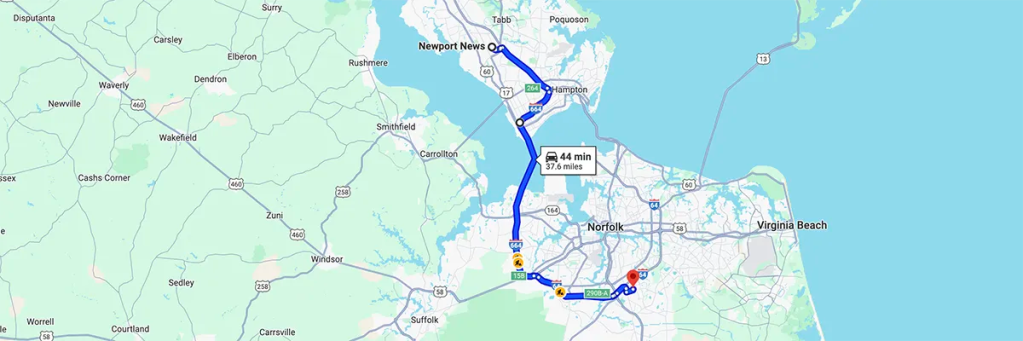 Nursing degree campus directions from Newport News Virginia to Arizona College of Nursing - Chesapeake