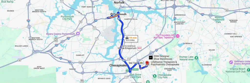 Nursing degree campus directions from Portsmouth Virginia to Arizona College of Nursing - Chesapeake