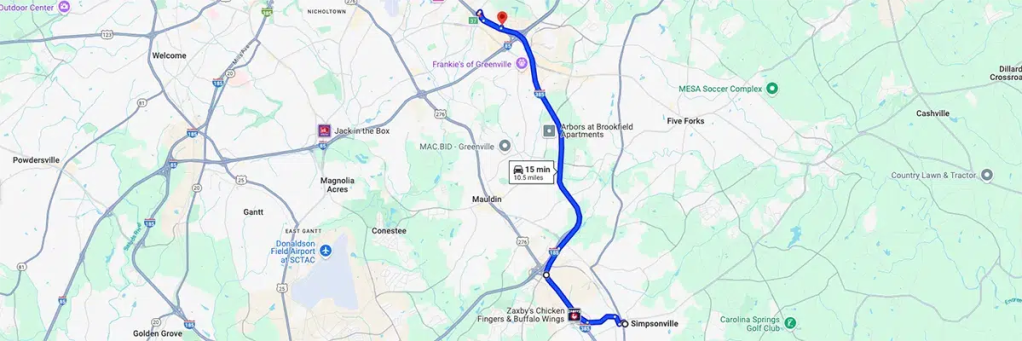 Driving directions from Simpsonville to AZCN nursing school in South Carolina